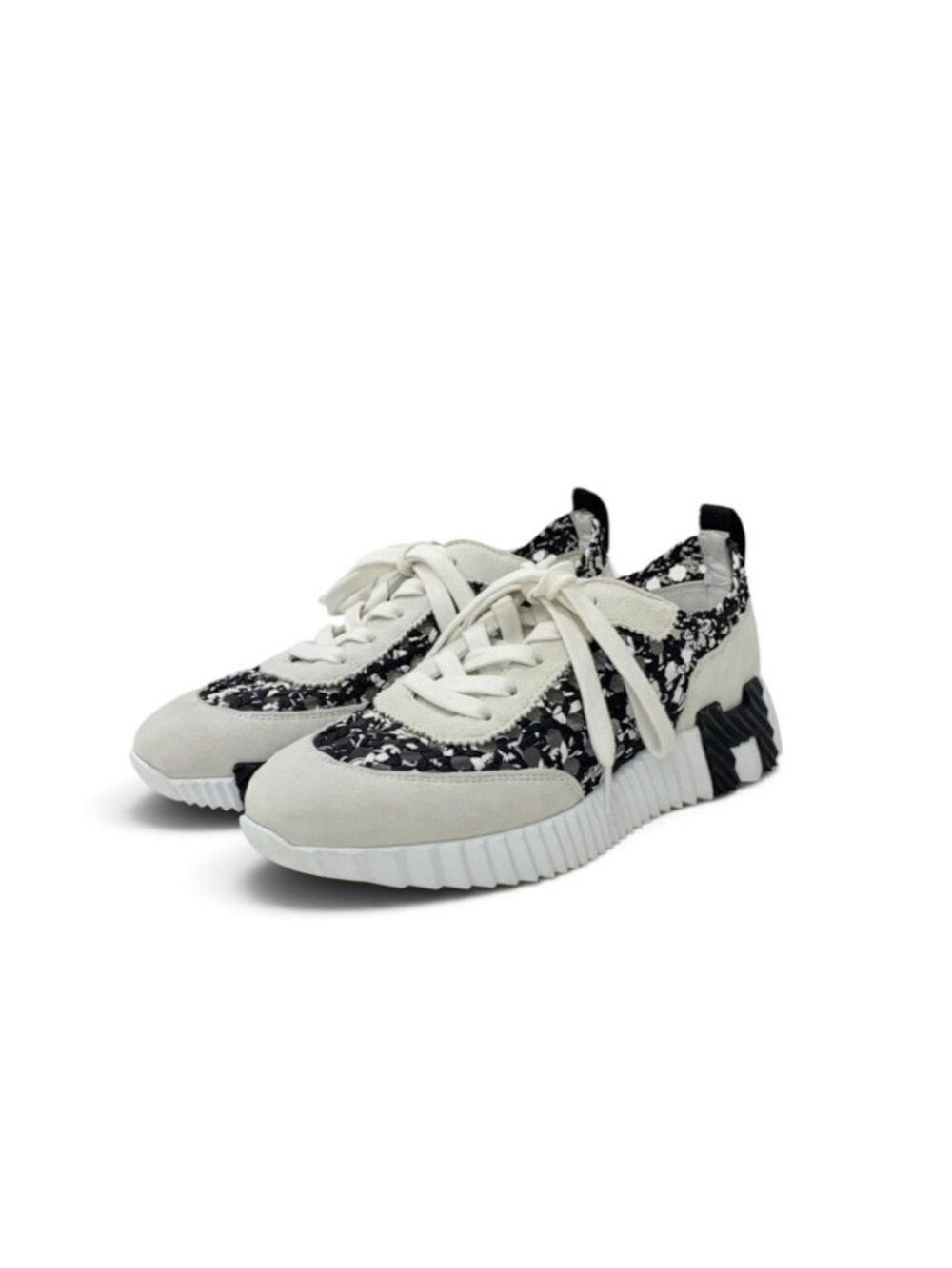 Hermes Bouncing Sneakers Silk Suede Black Beige White Braided